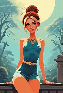 Stylish Woman in Teal Dress Under Glowing Moon
