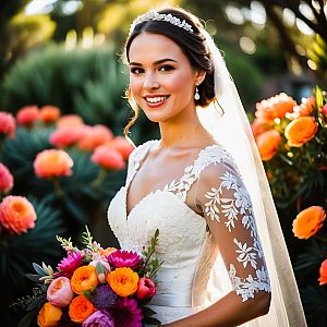 Radiant Bride in Lace Gown Surrounded by Flowers