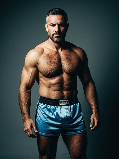 Muscular Man in Blue Boxer Shorts Studio Portrait