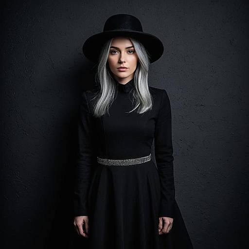 Modern Gothic Woman in Black Dress and Hat with Silver Hair