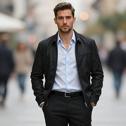 Confident Man in Black Leather Jacket and Light Blue Shirt Walking in City