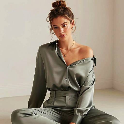 Gen Z Woman in Sage Green Satin Outfit with Casual Chic Style