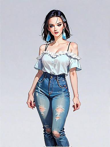 Realistic Digital Artwork of Woman in Boho Chic Outfit Full Body Illustration