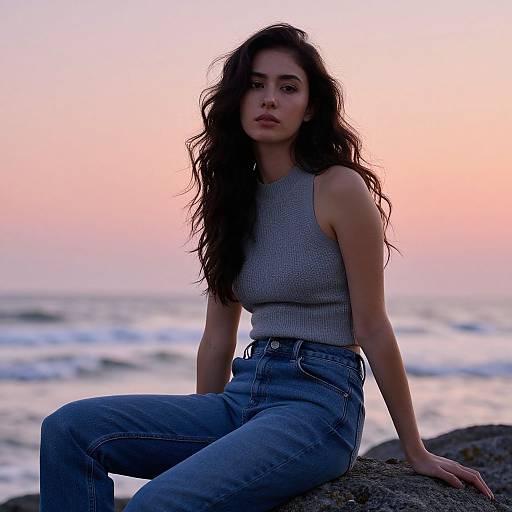 Young Woman Sitting on Rocks by the Ocean at Sunset in Casual Outfit