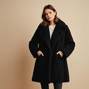Woman Wearing Black Teddy Coat Fashion Outerwear