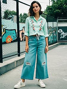 Woman in Pastel Green Embroidered Shirt and Wide-Leg Ripped Jeans Street Style