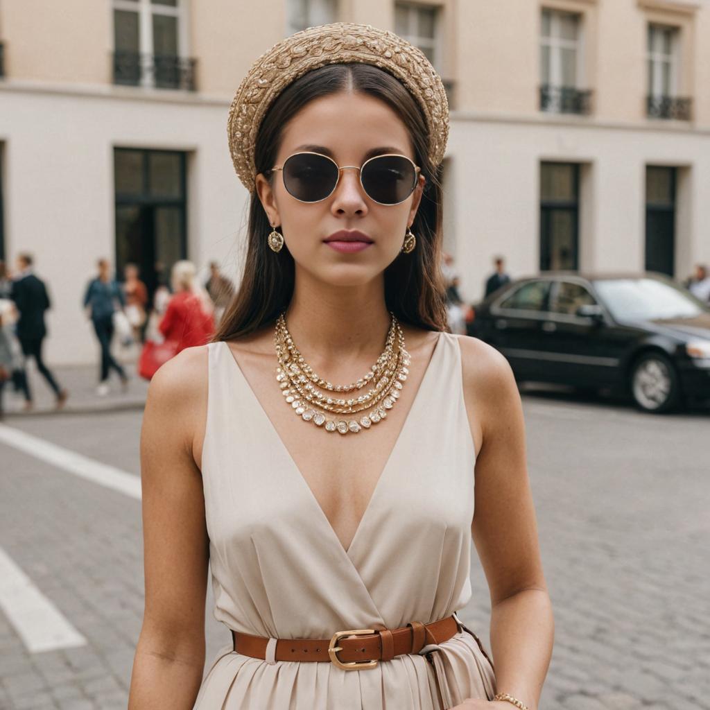 Stylish woman with fashionable accessories: sunglasses, pearl necklaces, straw hat