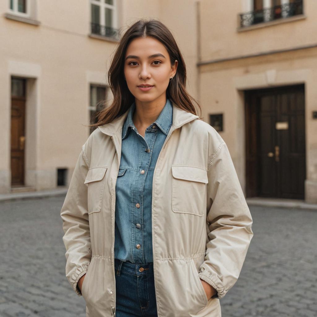 Stylish Woman in Chic Jacket and Denim Shirt