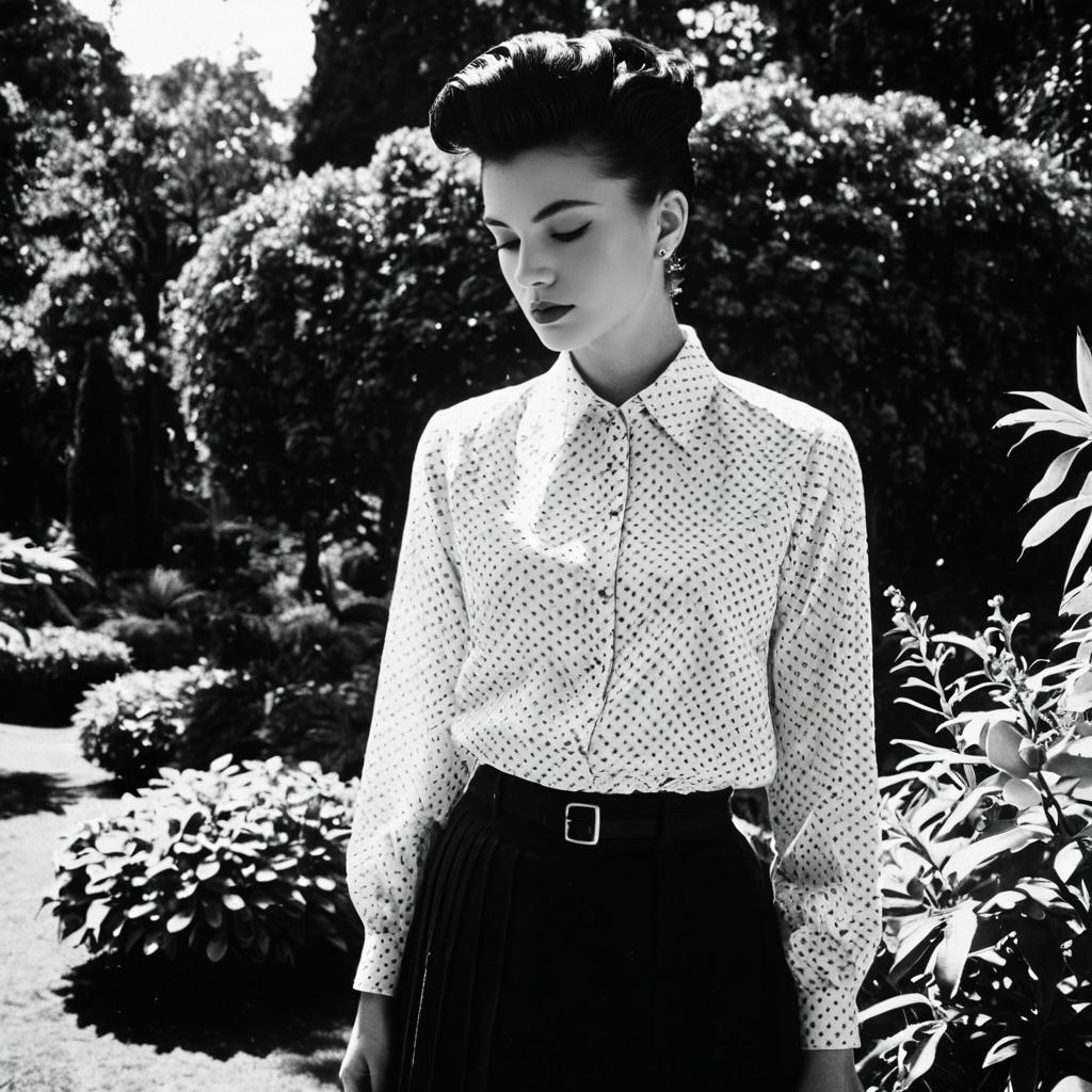 Vintage Style Woman in Classic Black and White Garden Portrait