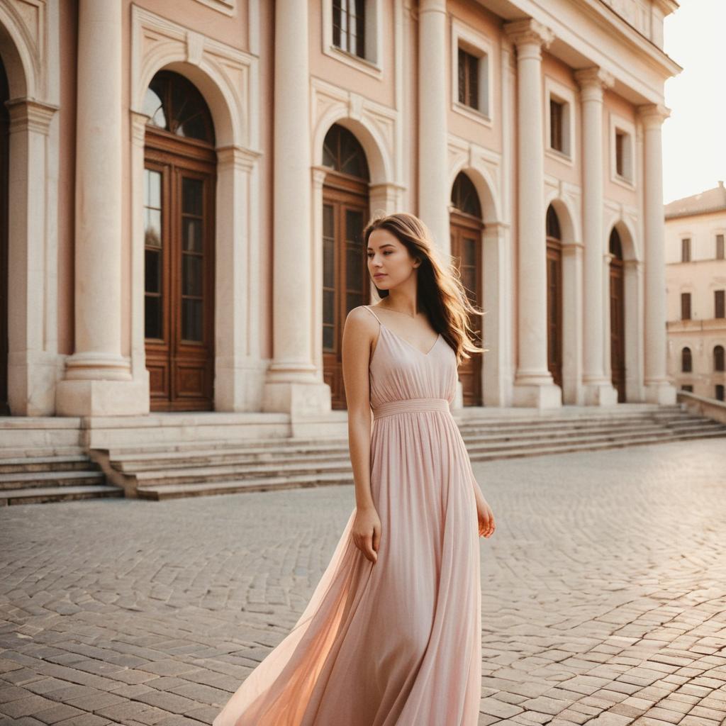 Elegant Woman in Flowing Dress by Classic Architecture