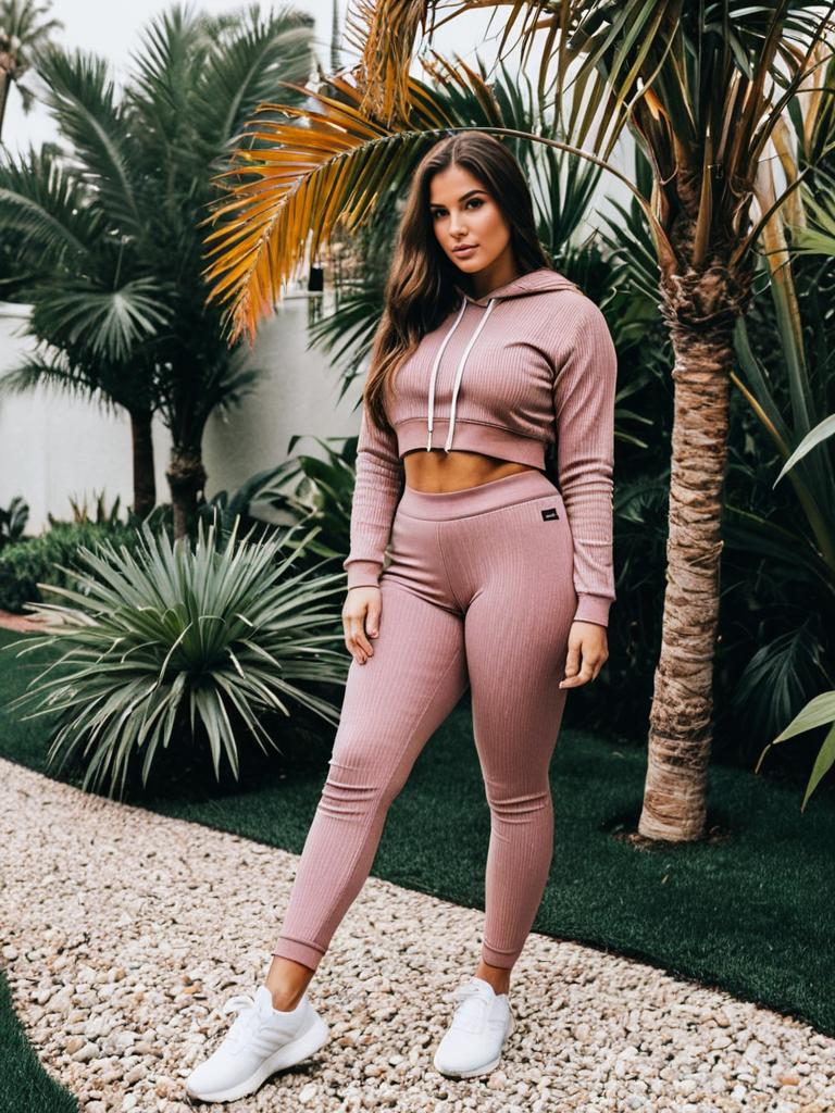Woman in Mauve Ribbed Athleisure Set Outdoors Among Tropical Plants