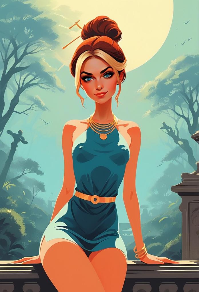 Stylish Woman in Teal Dress Under Glowing Moon Stylish Woman in Teal Dress Under Glowing Moon