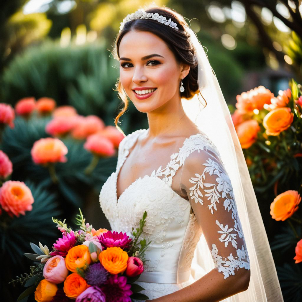 Radiant Bride in Lace Gown Surrounded by Flowers Radiant Bride in Lace Gown Surrounded by Flowers