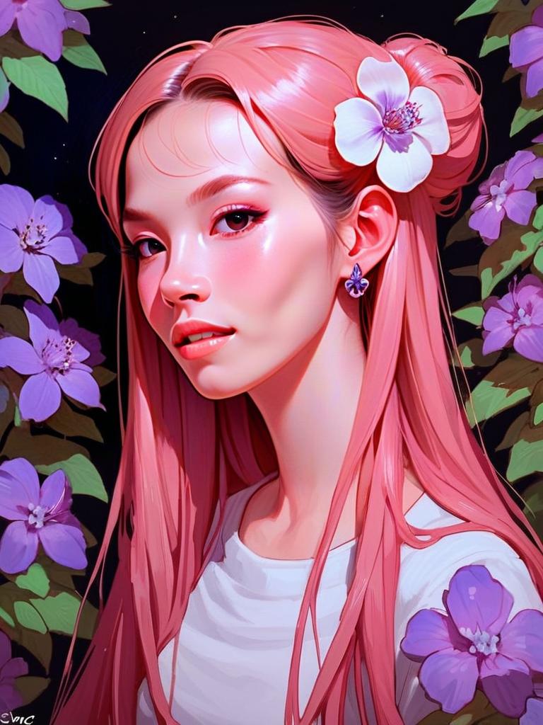 Portrait of a Young Woman with Pink Hair and Flowers