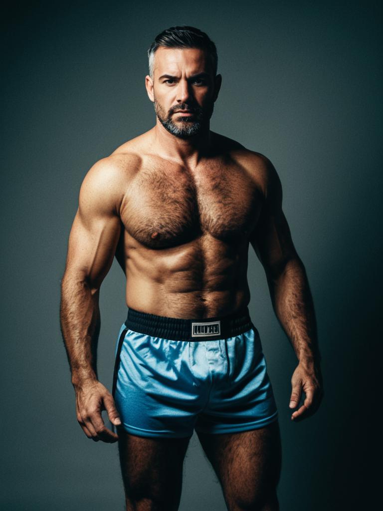 Muscular Man in Blue Boxer Shorts Studio Portrait