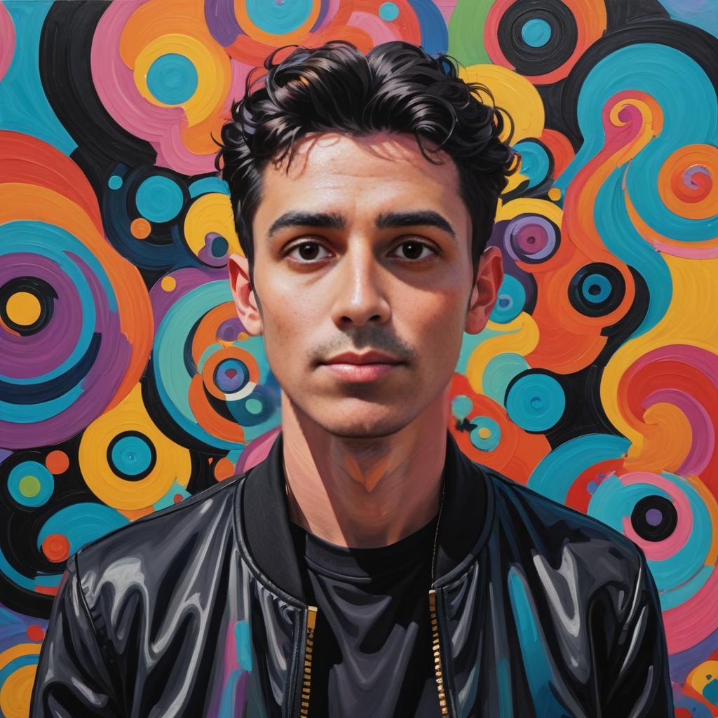 Stylish man in black bomber jacket against colorful background