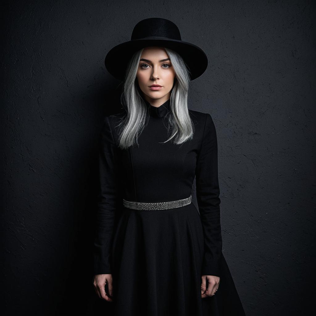Modern Gothic Woman in Black Dress and Hat with Silver Hair