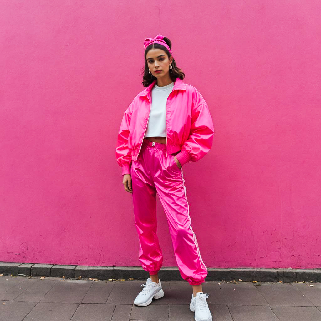 Woman in Pink Tracksuit Against Bold Wall