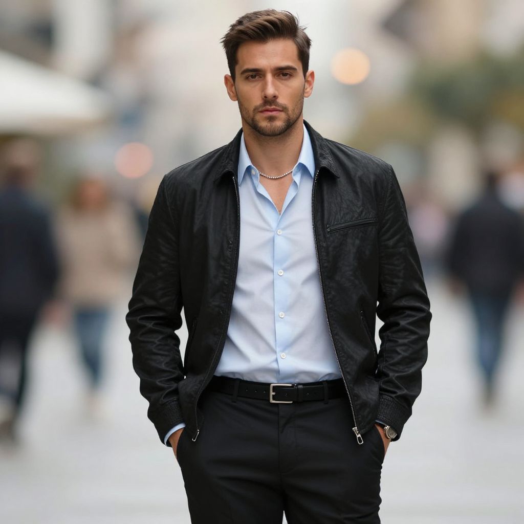 Confident Man in Black Leather Jacket and Light Blue Shirt Walking in City
