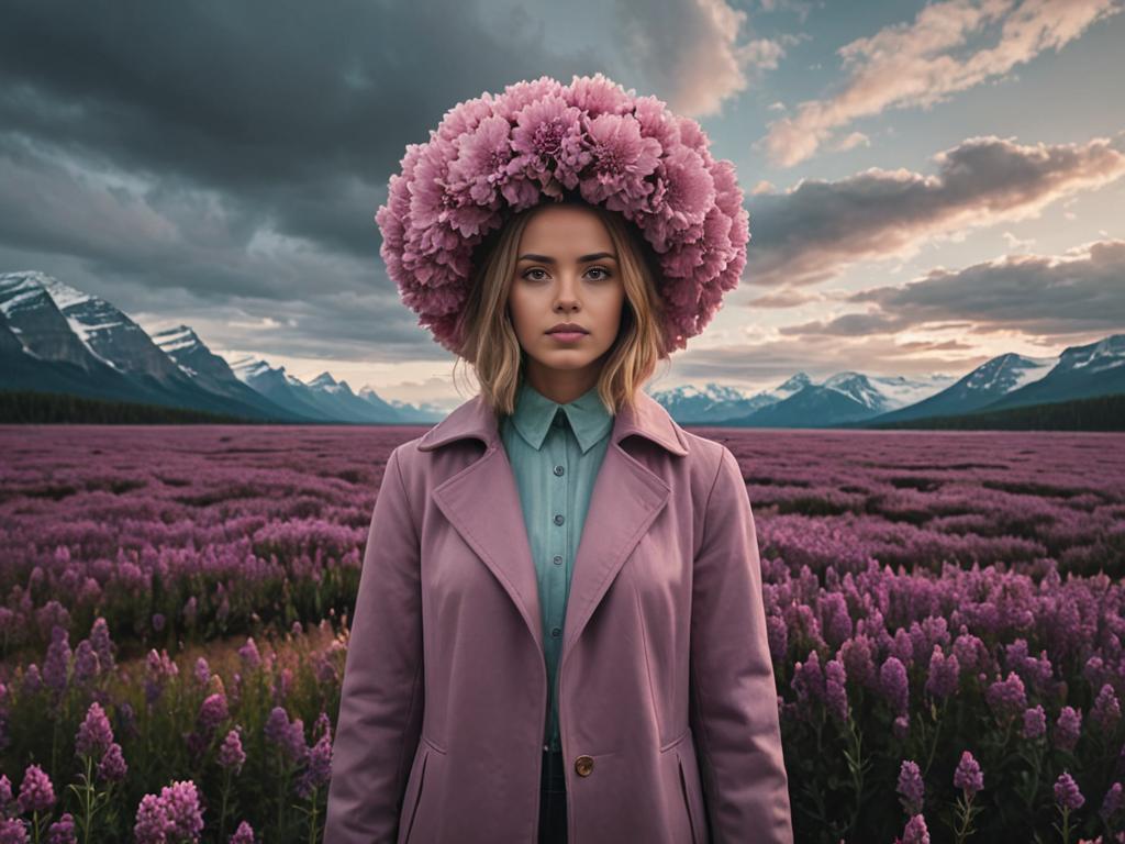 Woman in Flower Headpiece in Heather Field