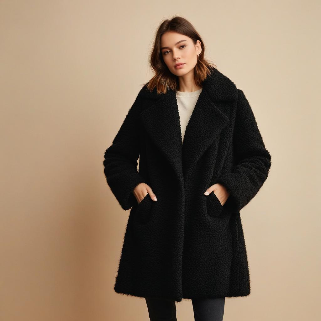 Woman Wearing Black Teddy Coat Fashion Outerwear