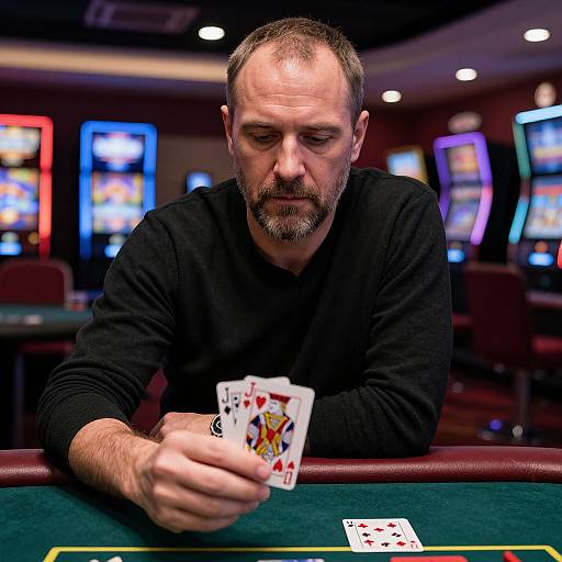 Man Playing Poker with Jacks at Casino Table in Gaming Room