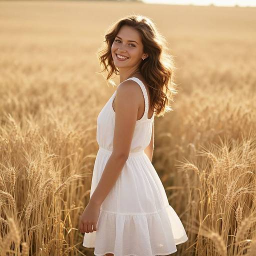 Young Woman Smiling in White Dress in Wheat Field