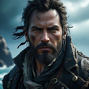 Rugged Man with Beard in Dramatic Seascape