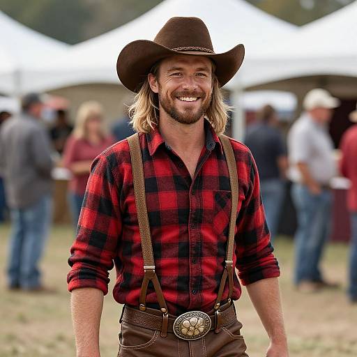 Smiling Man in Cowboy Hat and Flannel Shirt at Outdoor Western Event