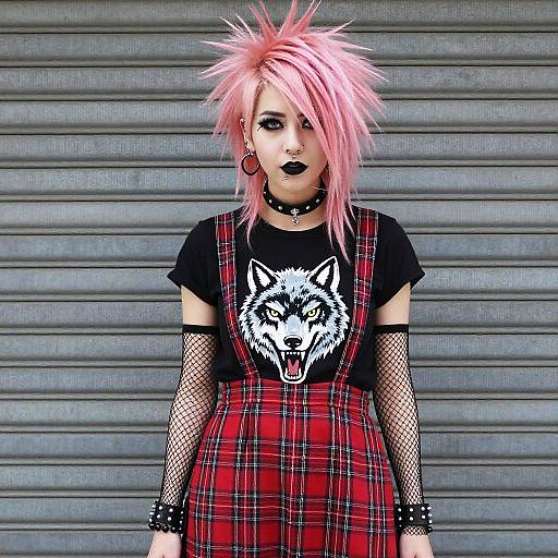 Young Punk Rock Woman with Pink Spiked Hair and Wolf T-shirt in Red Plaid Skirt