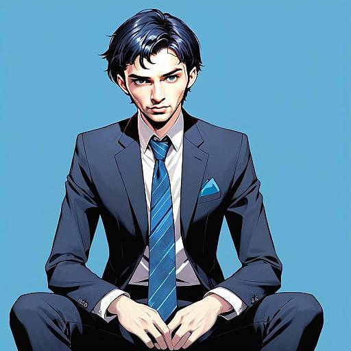 Confident Young Man in Blue Suit Digital Anime Illustration