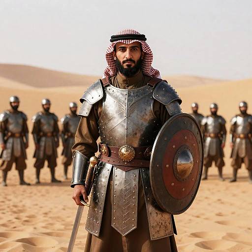Middle Eastern Warrior Man in Medieval Armor with Shield in Desert