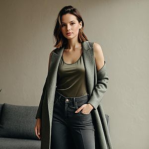 Modern Woman in Stylish Sleeveless Trench Coat and Casual Fashion