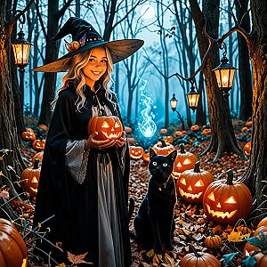 Witch in Enchanted Forest with Jack-o'-Lanterns