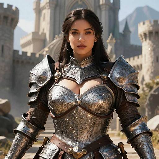 Woman Warrior in Detailed Medieval Armor Standing Before Castle