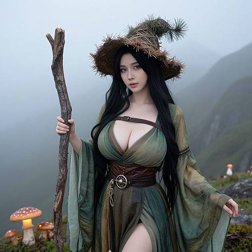 Fantasy Forest Witch Cosplay with Wooden Staff in Misty Mountains
