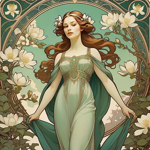 Art Nouveau Woman in Floral Setting with Flowing Gown Digital Illustration