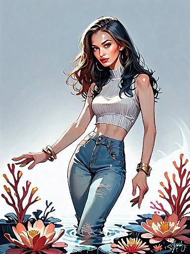 Realistic Digital Illustration of Woman in Water with Water Lilies and Coral Plants