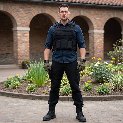 Man in Tactical Gear Standing Outdoors Near Brick Archways