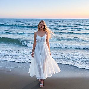Woman in White Dress at Sunset Shoreline