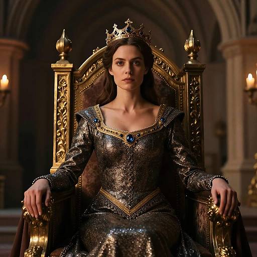 Regal Woman in Medieval Gown on Ornate Throne