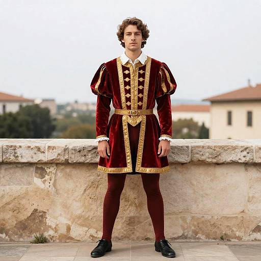 Man in Red and Gold Renaissance Outfit Standing Outdoors