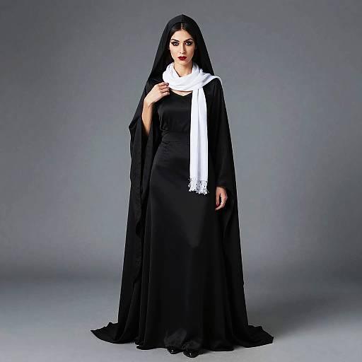 Elegant Vampire Casket Costume Woman in Black Dress with White Scarf