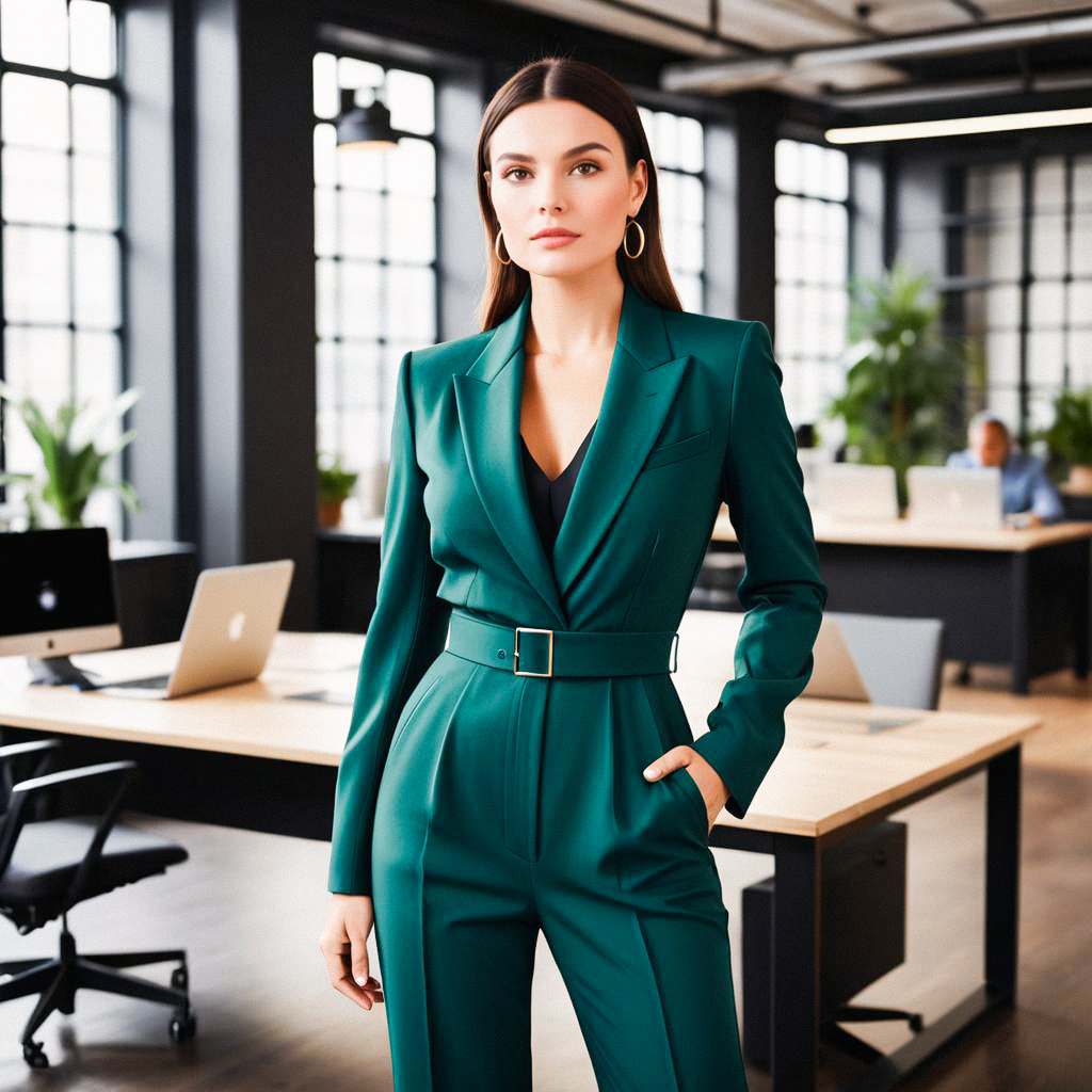 Confident Woman in Green Suit - Modern Office