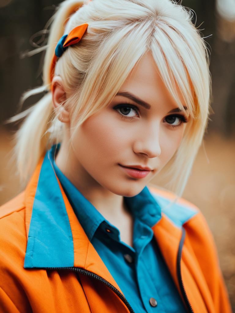 Blonde Woman in Orange Jacket and Blue Shirt Autumn Portrait