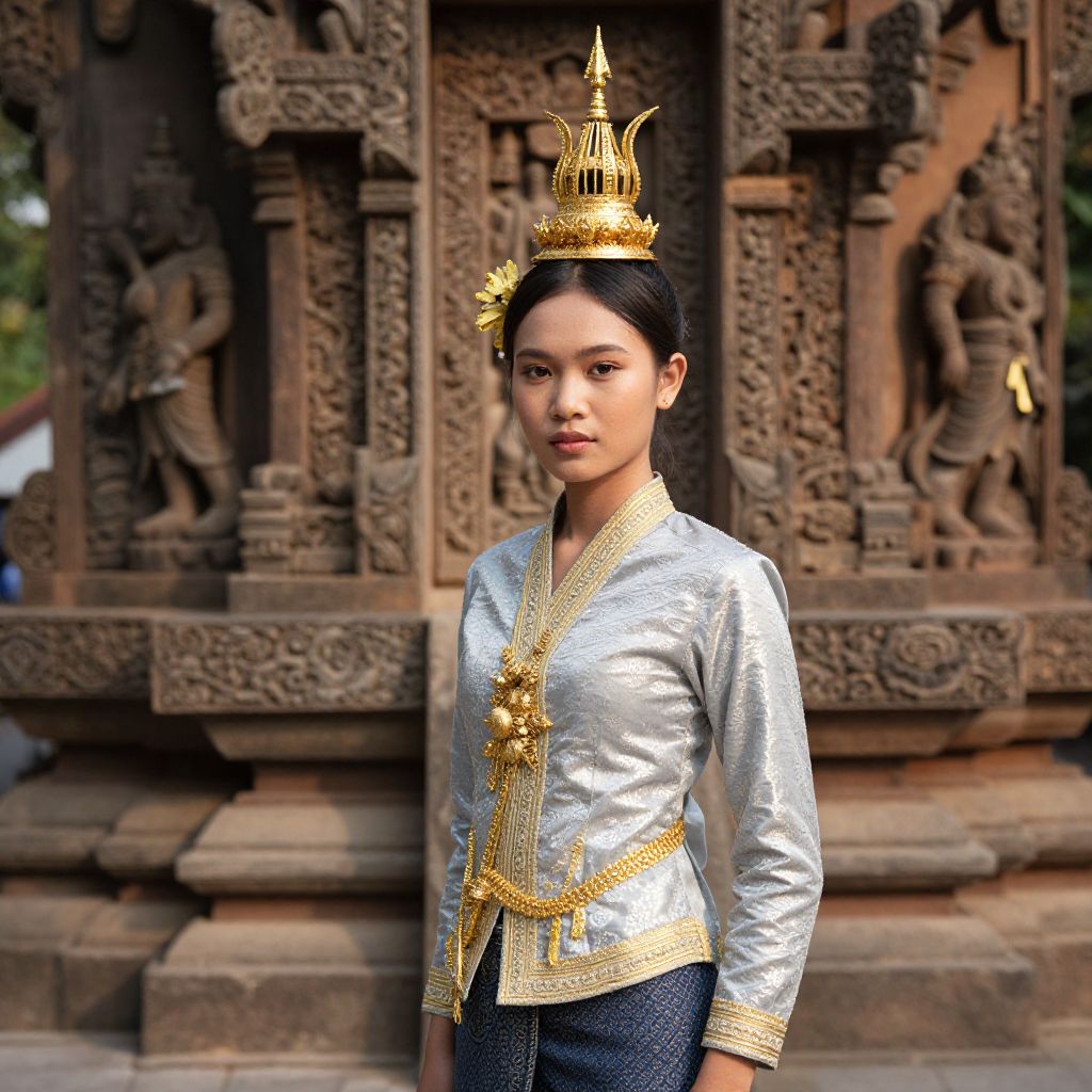 Young Woman in Traditional Southeast Asian Costume with Golden Headdress