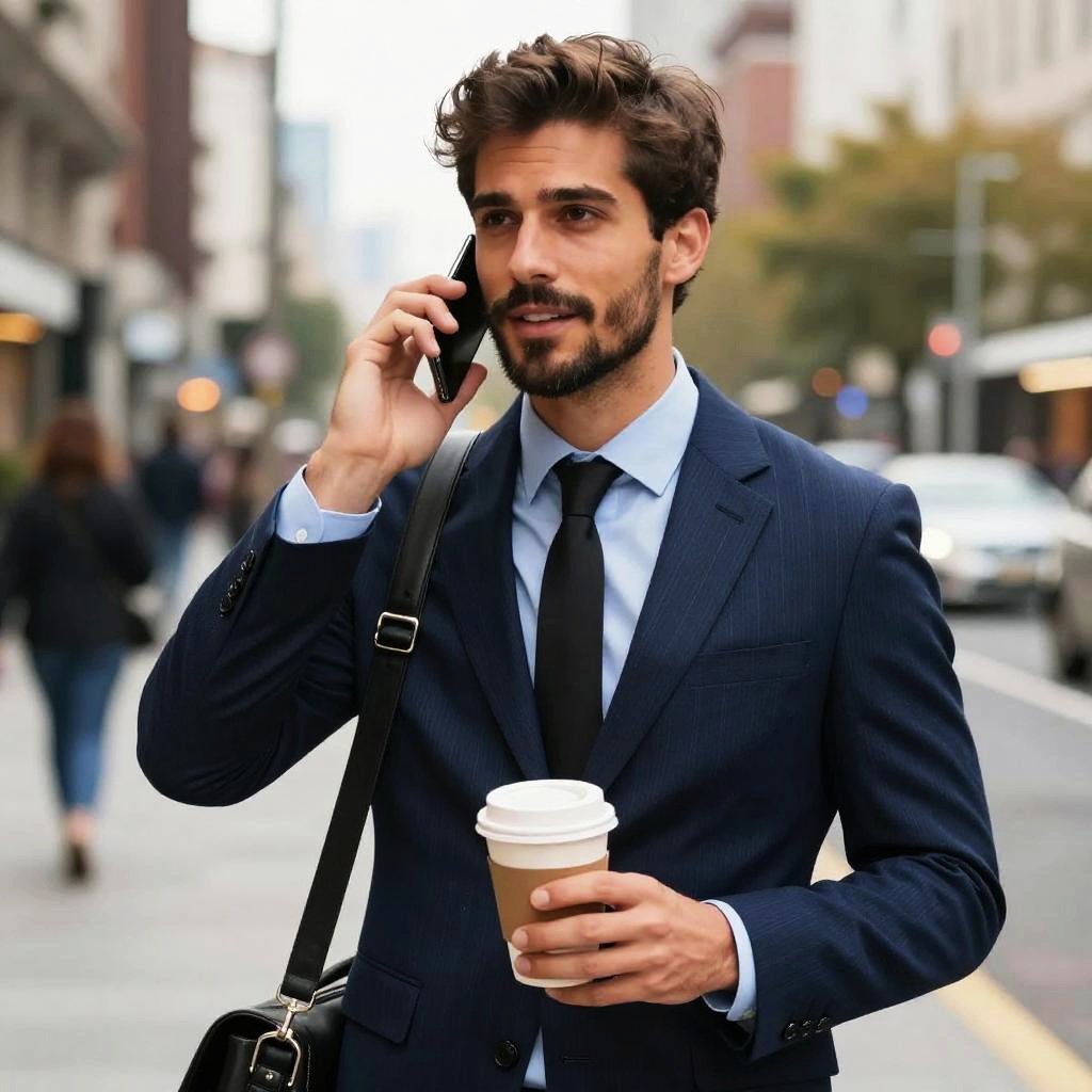 Professional Man in Navy Suit Talking on Phone with Coffee in City