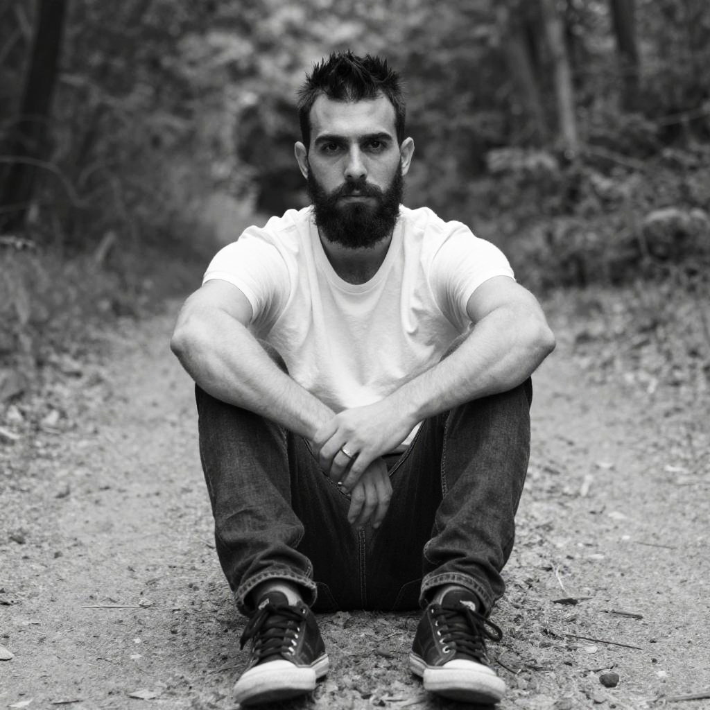Bearded Man Sitting on Forest Path in Black and White