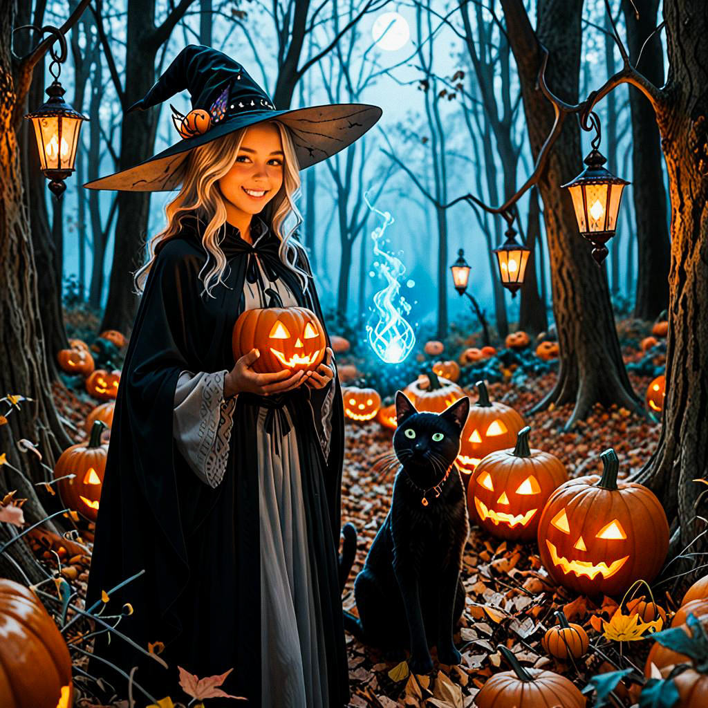Witch in Enchanted Forest with Jack-o'-Lanterns