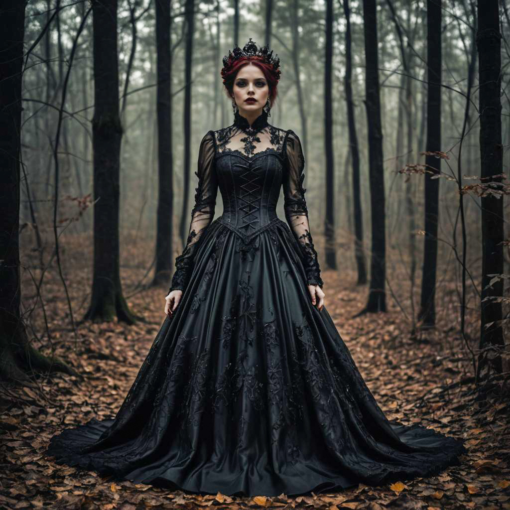 Gothic Woman in Black Corset Dress and Crown in Misty Forest
